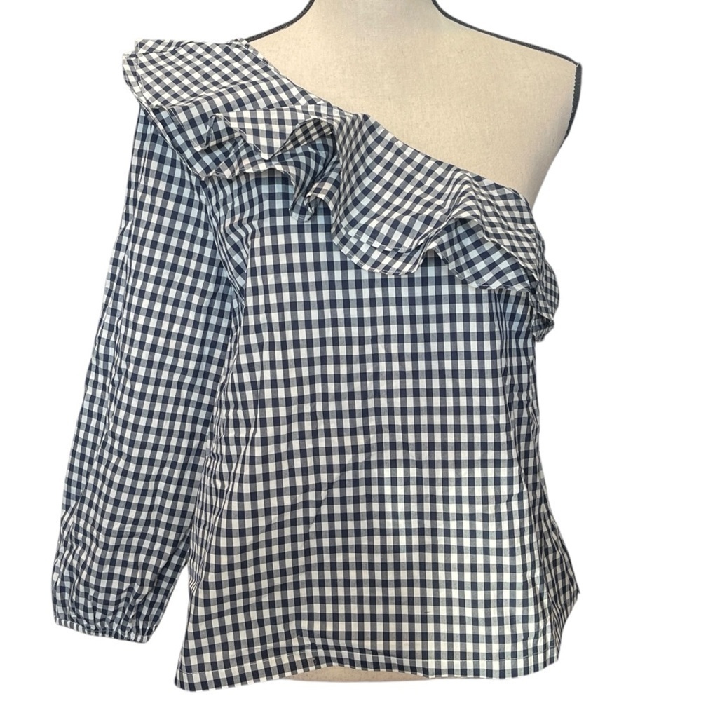 NWT J. Crew Black White Gingham One Shoulder Ruffle Blouse CottageTomato Girl